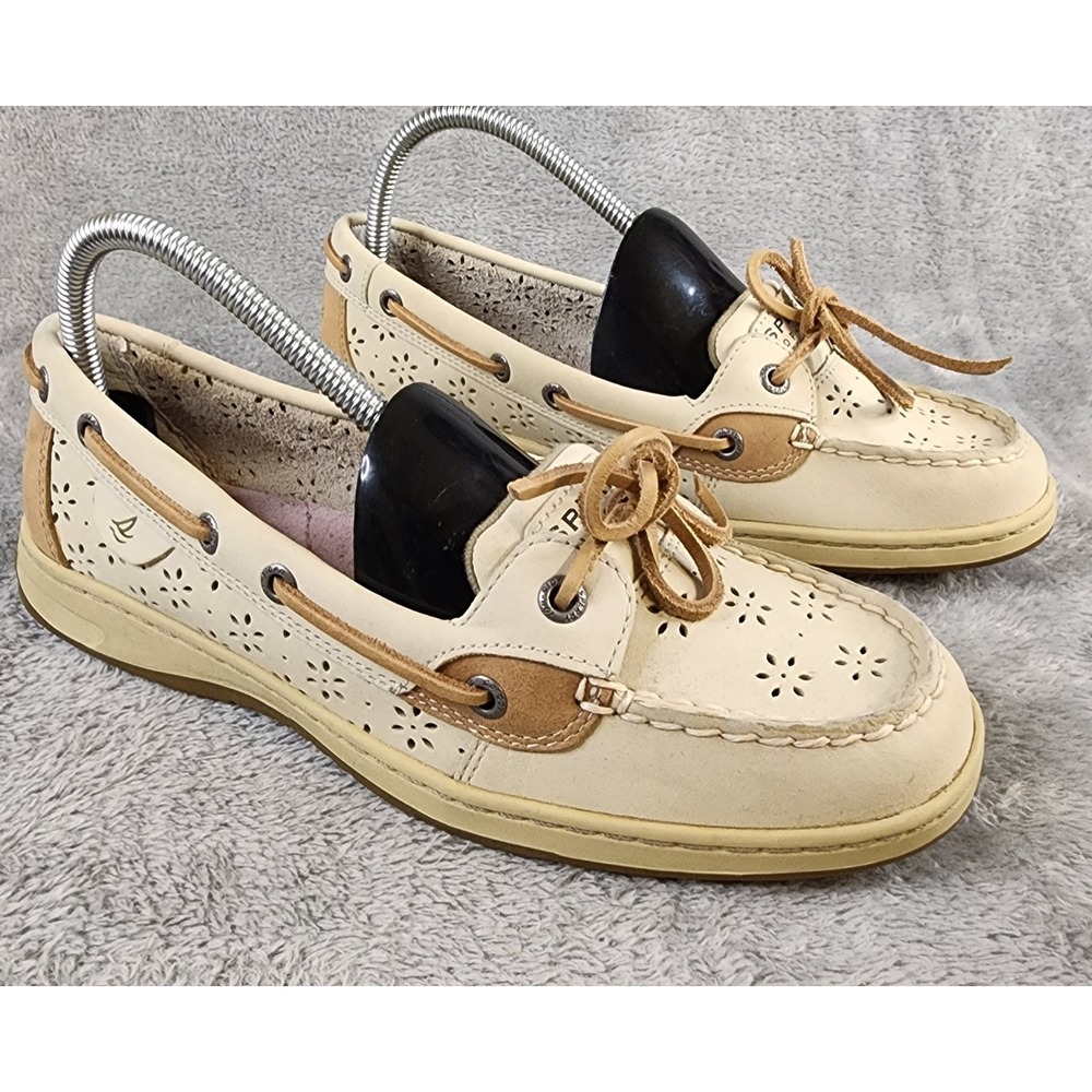 Sperry Cream & Tan Perforated Leather Boat Loafers